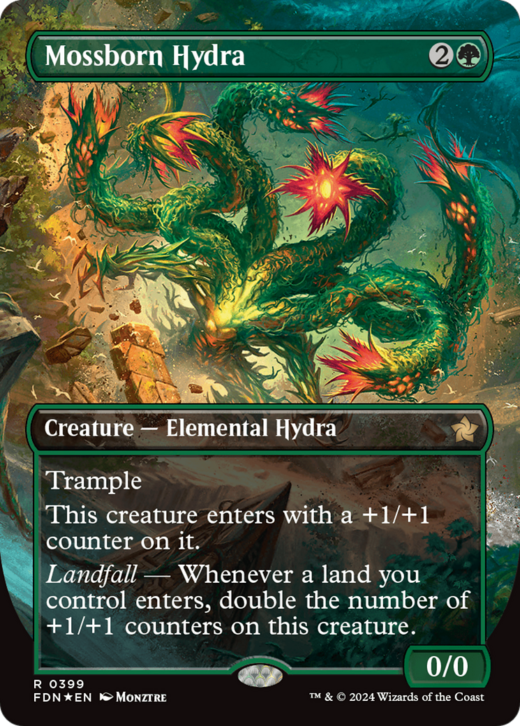 Mossborn Hydra (Borderless) (Mana Foil) [Foundations] | Event Horizon Hobbies CA