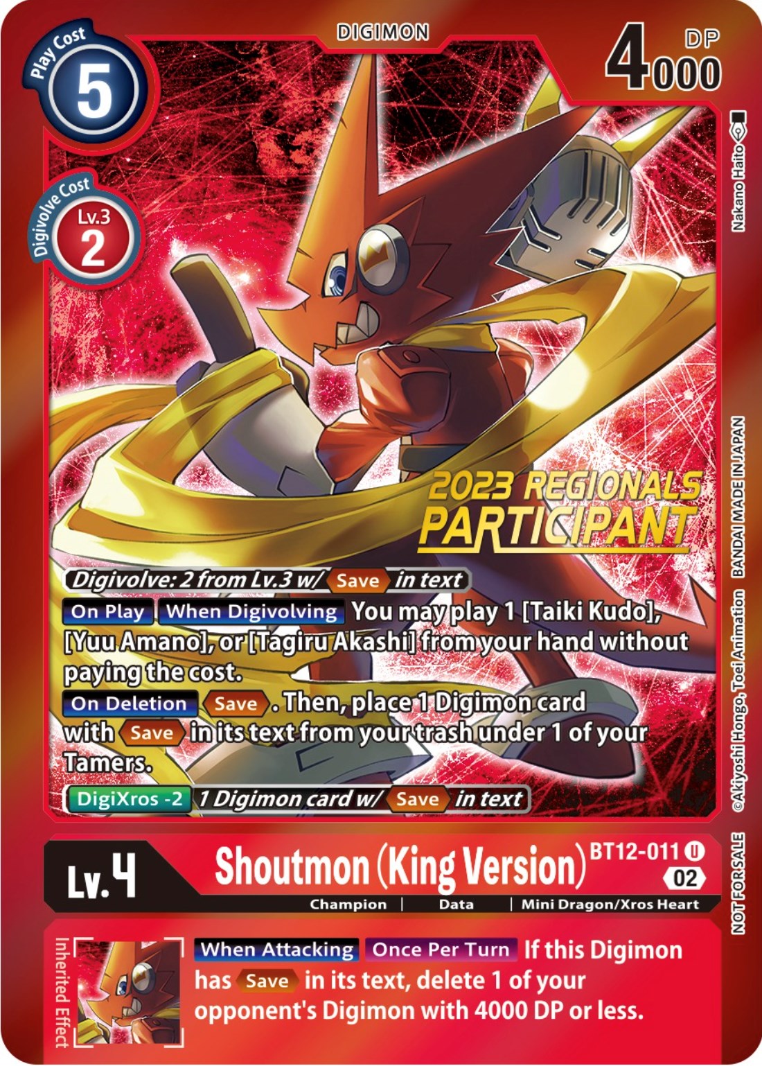 Shoutmon (King Version) [BT12-011] (2023 Regionals Participant) [Across Time Promos] | Event Horizon Hobbies CA