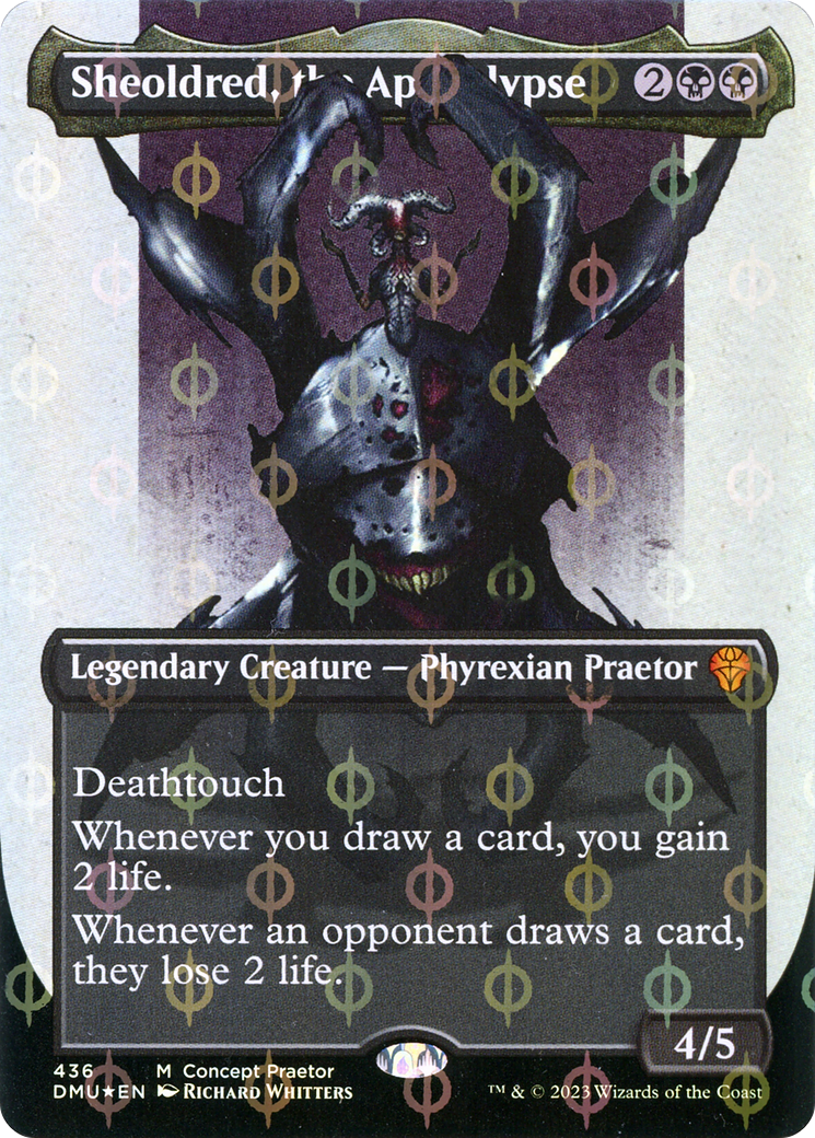 Sheoldred, the Apocalypse (Borderless Concept Praetors Step-and-Compleat Foil) [Phyrexia: All Will Be One] | Event Horizon Hobbies CA