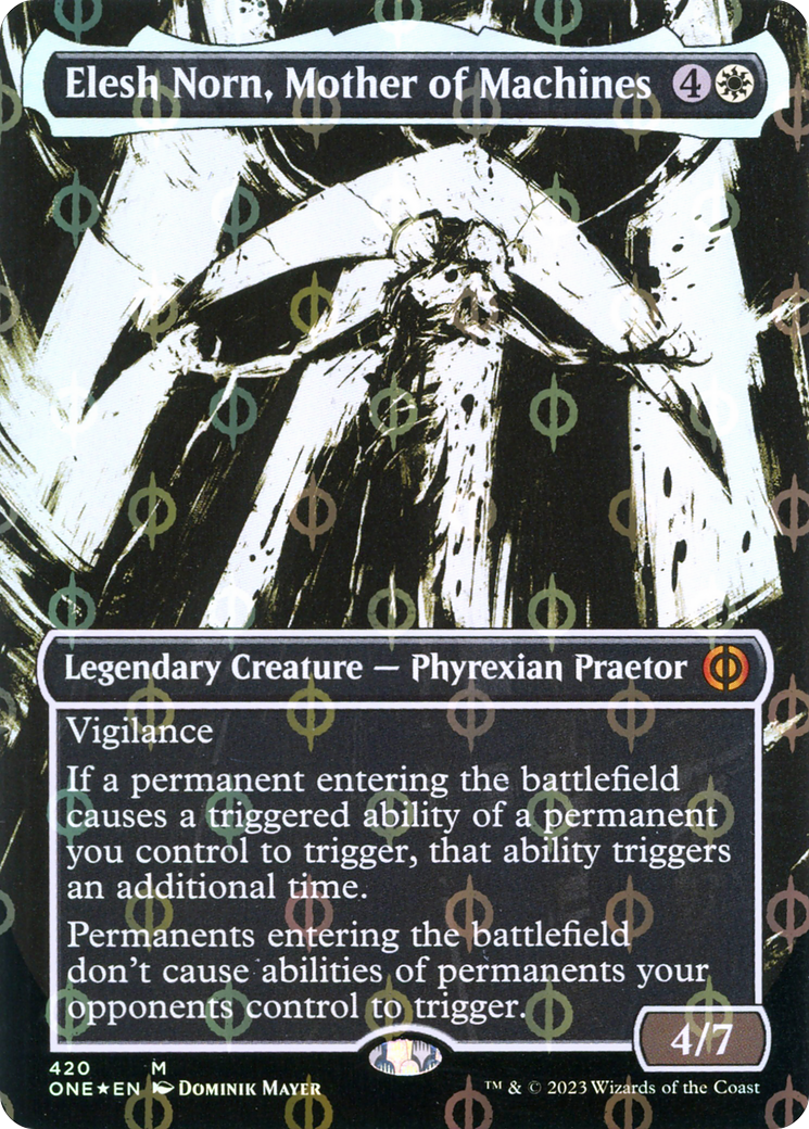 Elesh Norn, Mother of Machines (Borderless Ichor Step-and-Compleat Foil) [Phyrexia: All Will Be One] | Event Horizon Hobbies CA