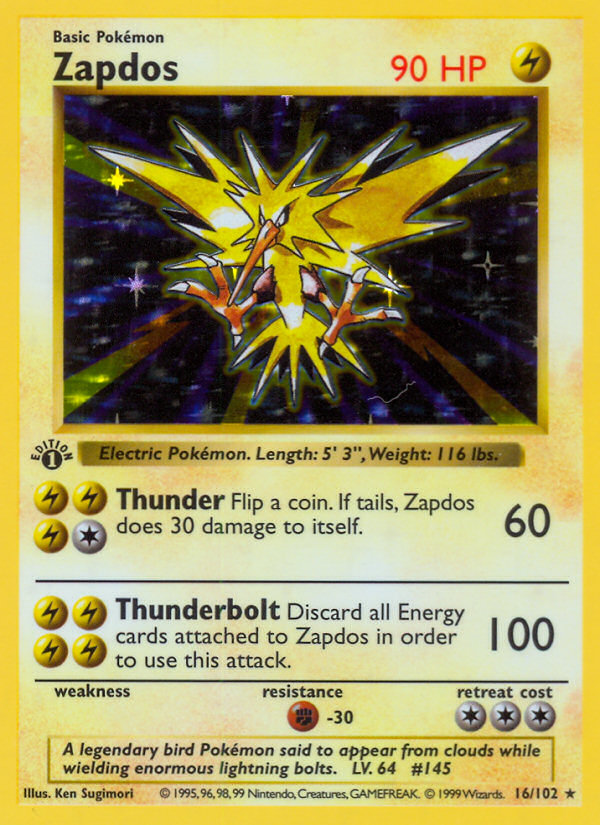 Zapdos (16/102) (Shadowless) [Base Set 1st Edition] | Event Horizon Hobbies CA