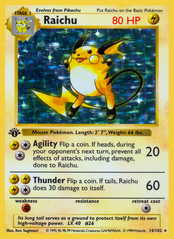 Raichu (14/102) (Shadowless) [Base Set 1st Edition] | Event Horizon Hobbies CA