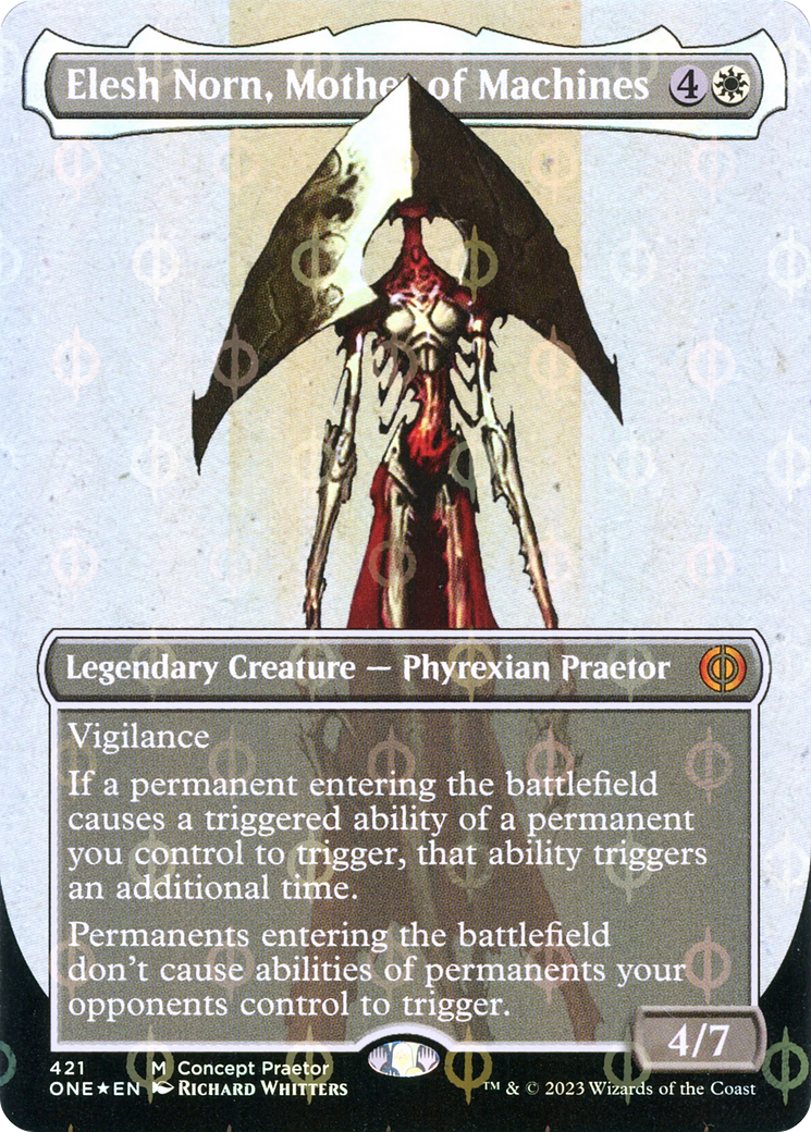 Elesh Norn, Mother of Machines (Borderless Concept Praetors Step-and-Compleat Foil) [Phyrexia: All Will Be One] | Event Horizon Hobbies CA