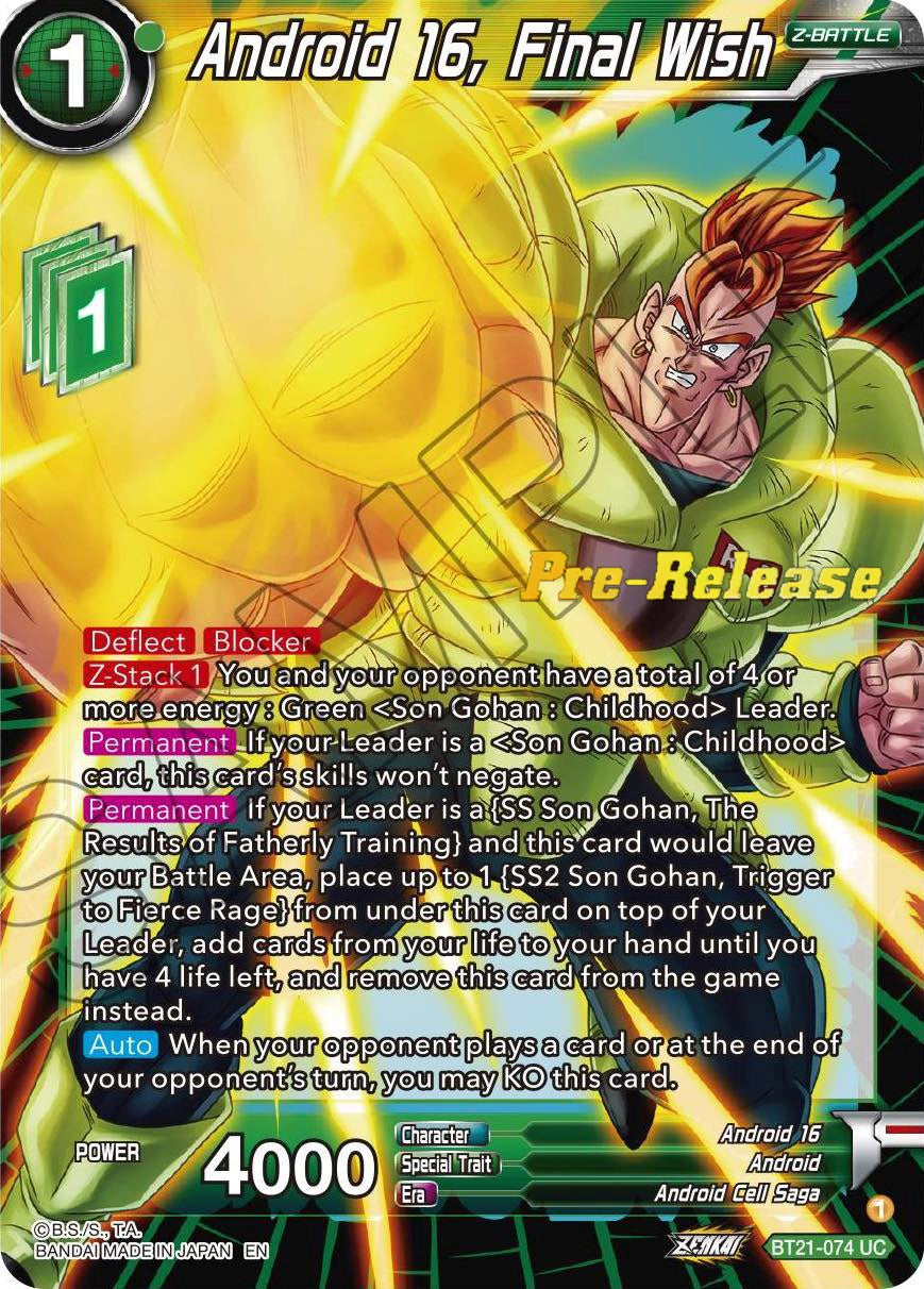 Android 16, Final Wish (BT21-074) [Wild Resurgence Pre-Release Cards] | Event Horizon Hobbies CA