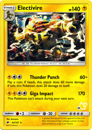 Electivire (43/147) (Pikachu Stamp #32) [Battle Academy 2020] | Event Horizon Hobbies CA