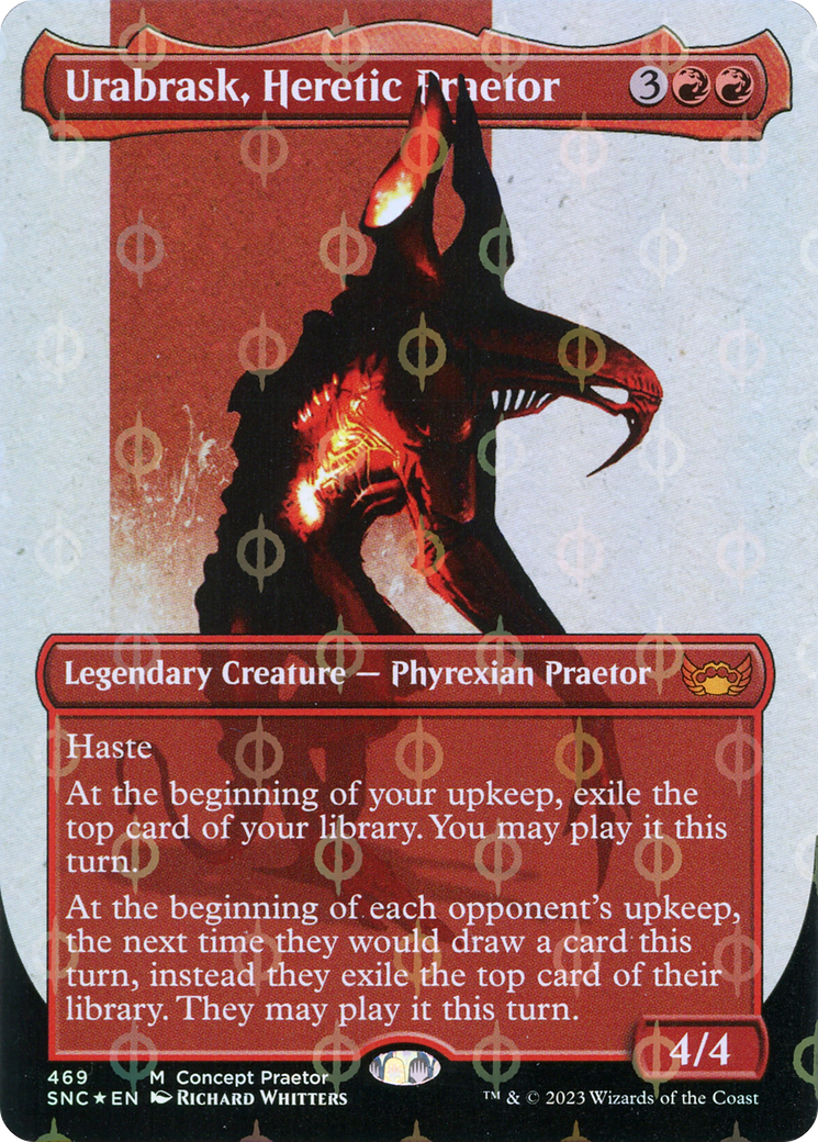 Urabrask, Heretic Praetor (Borderless Concept Praetors Step-and-Compleat Foil) [Phyrexia: All Will Be One] | Event Horizon Hobbies CA