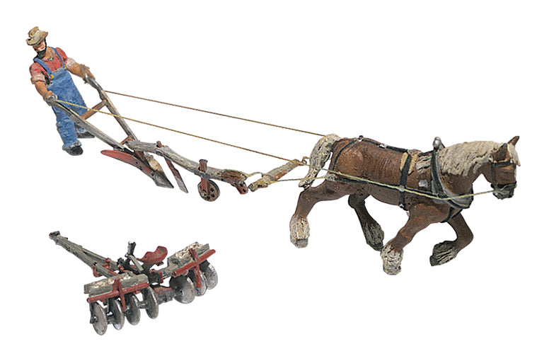 HO Scale Plow, Disc, Horse and Man