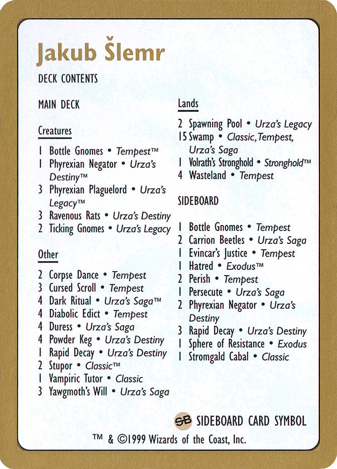 Jakub Šlemr Decklist [World Championship Decks 1999] | Event Horizon Hobbies CA