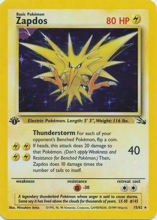 Zapdos (15/62) (Cosmos Holo) [Fossil 1st Edition] | Event Horizon Hobbies CA