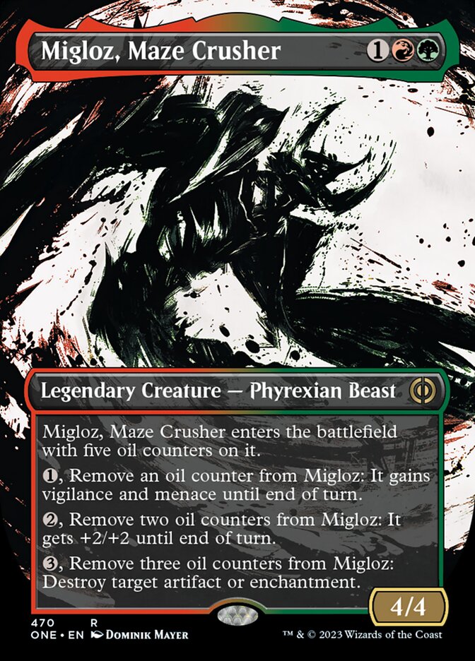 Migloz, Maze Crusher (Borderless Ichor Step-and-Compleat Foil) [Phyrexia: All Will Be One] | Event Horizon Hobbies CA